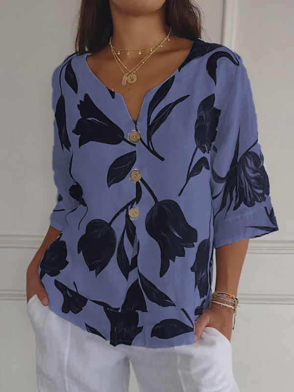 Despoina | Elegant Floral Print Top With Buttons