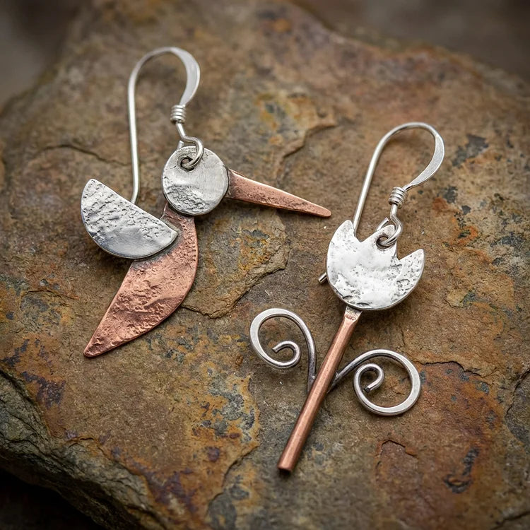 Vintage Copper Bird & Bloom Earrings