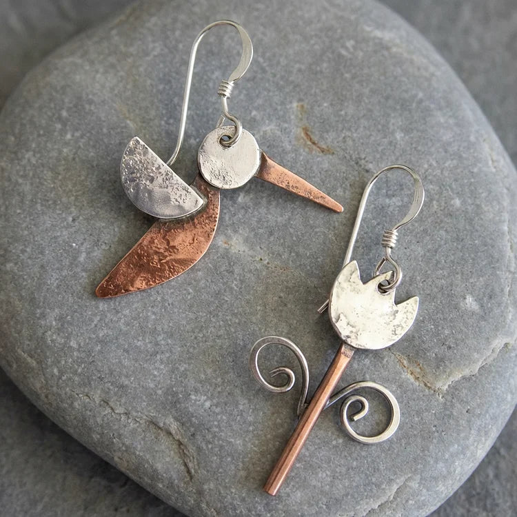 Vintage Copper Bird & Bloom Earrings