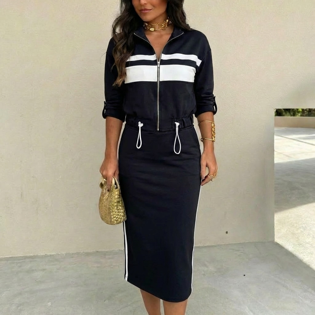 Alix™ Sport-Chic Ensemble – 3/4 Bomber & Midi Skirt