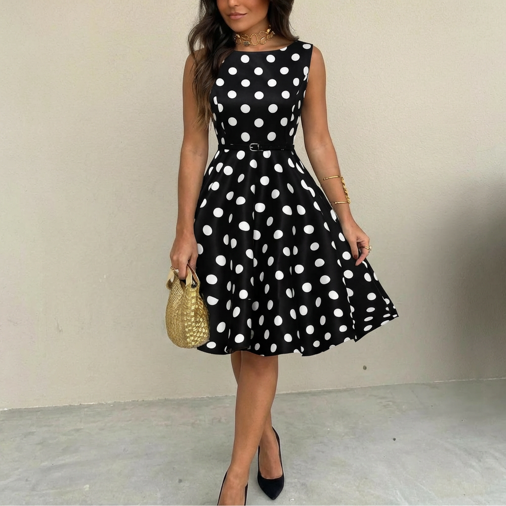 1950s Pin Up Bettie Page Polka Dot Print Flared Dress