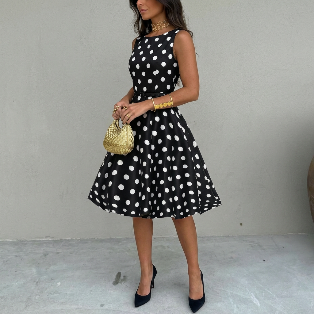 1950s Pin Up Bettie Page Polka Dot Print Flared Dress