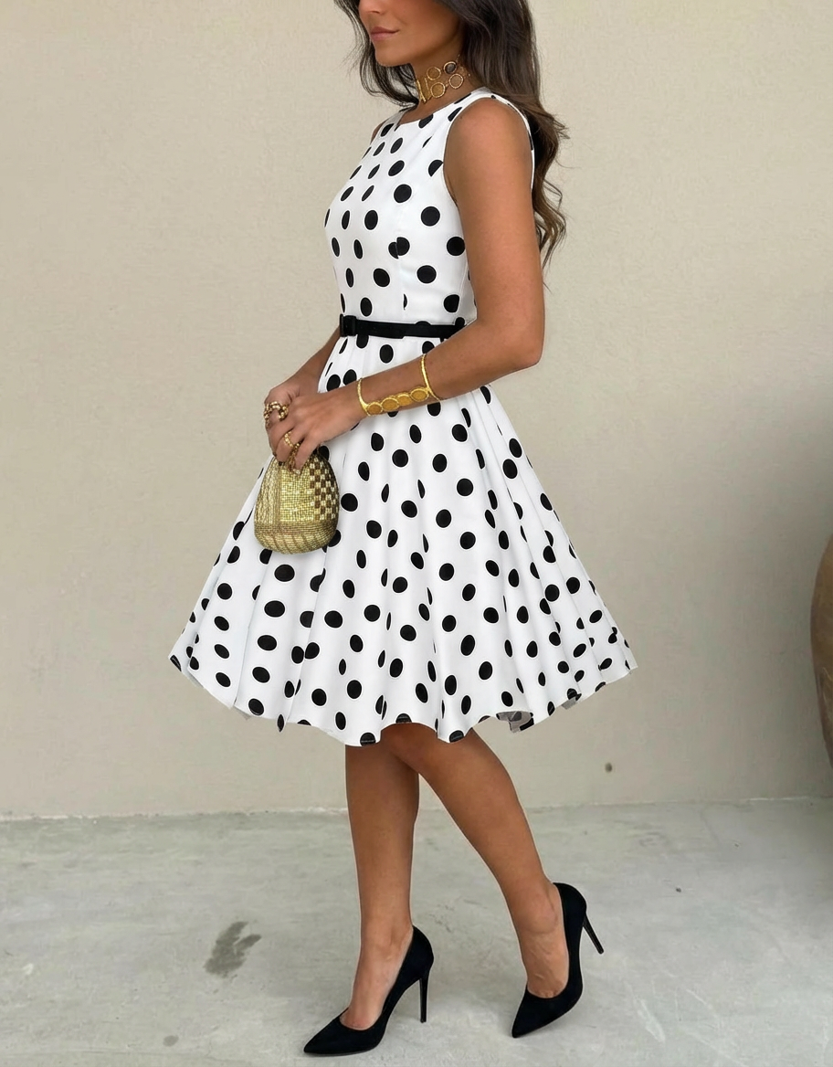 1950s Pin Up Bettie Page Polka Dot Print Flared Dress