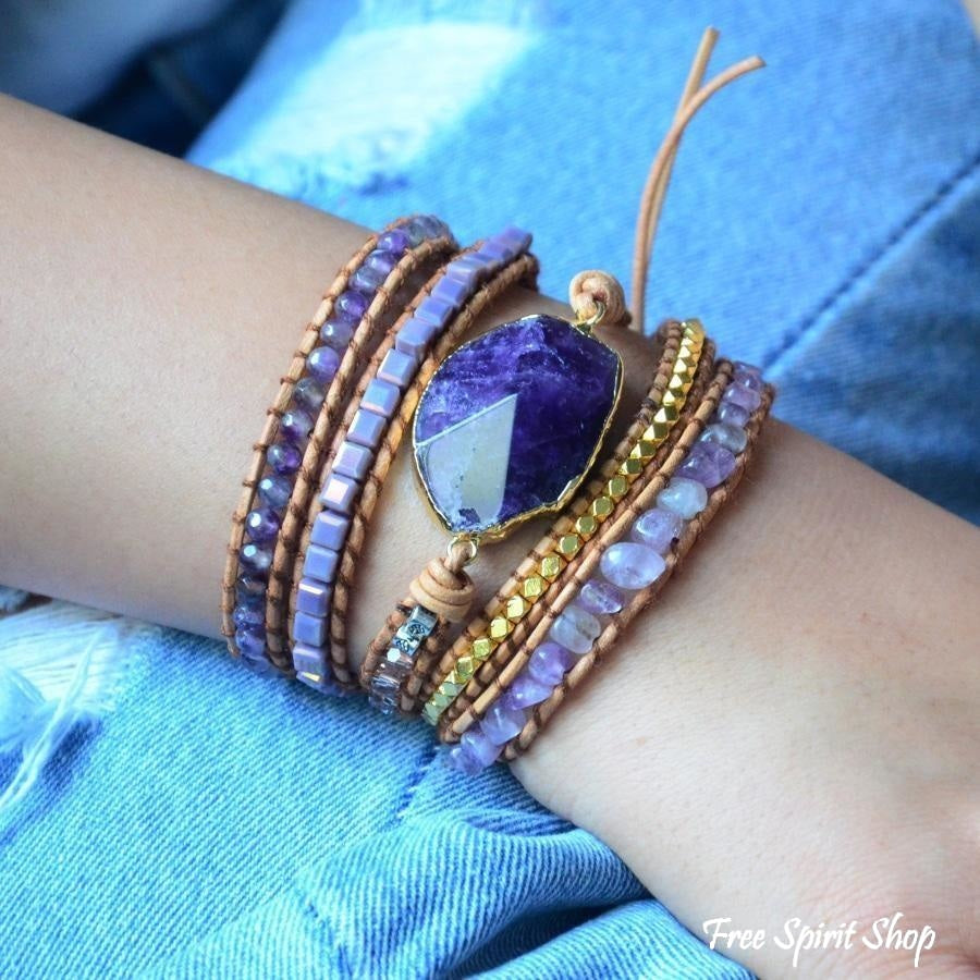 Handmade Natural Amethyst Gemstone Leather Wrap Bracelet