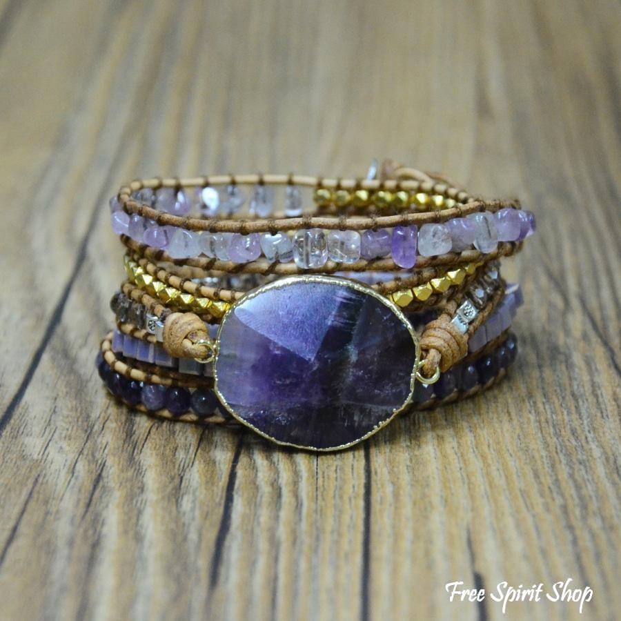 Handmade Natural Amethyst Gemstone Leather Wrap Bracelet