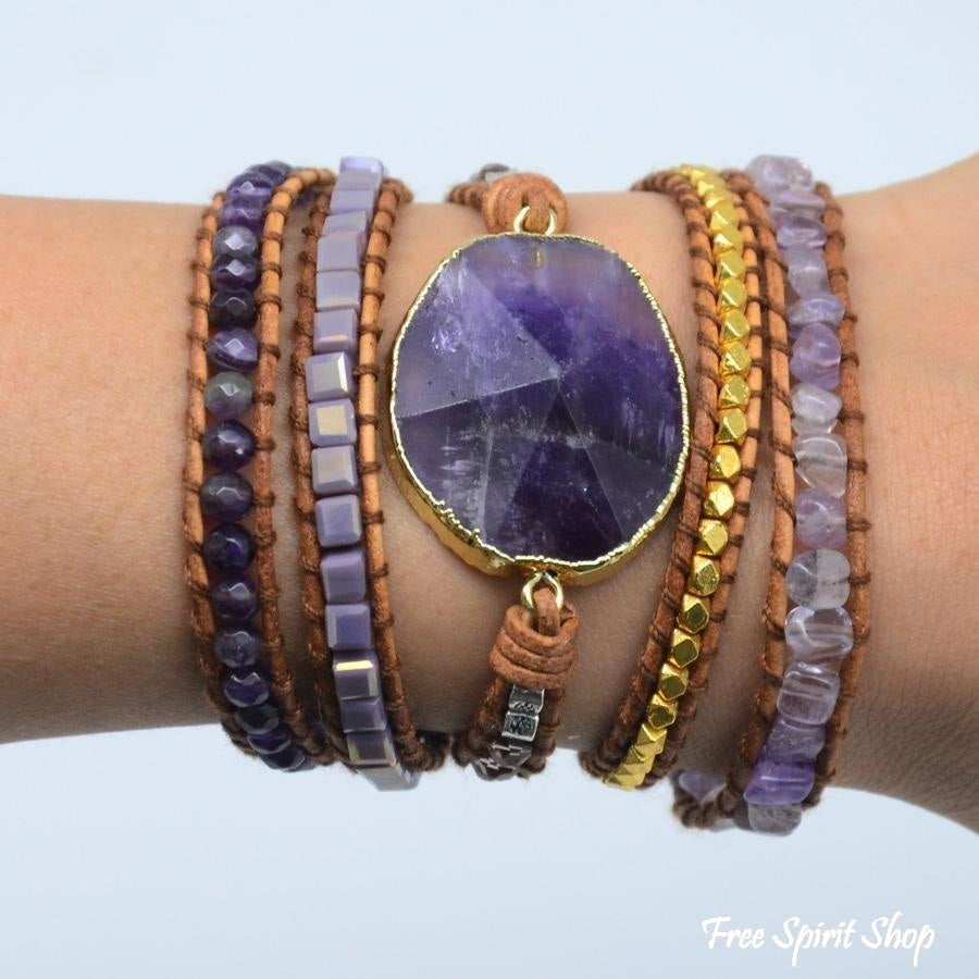 Handmade Natural Amethyst Gemstone Leather Wrap Bracelet