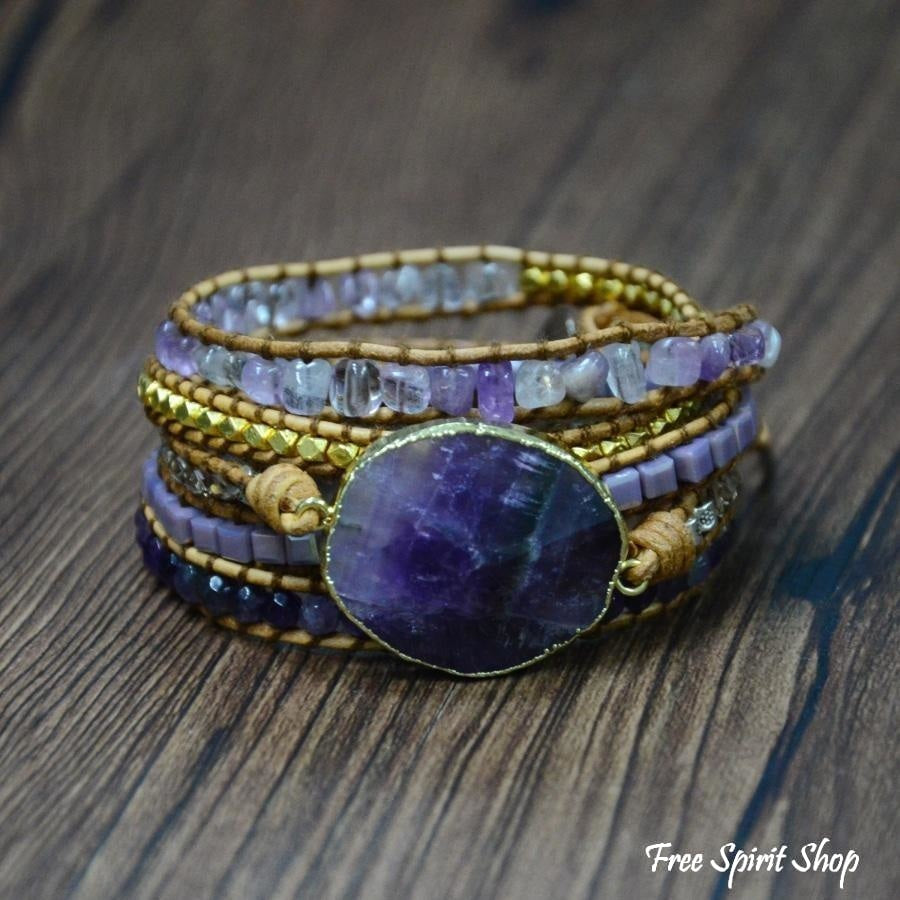 Handmade Natural Amethyst Gemstone Leather Wrap Bracelet
