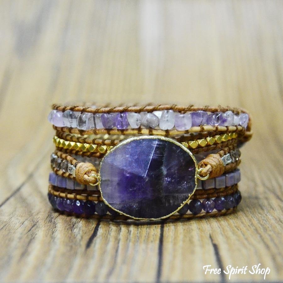 Handmade Natural Amethyst Gemstone Leather Wrap Bracelet