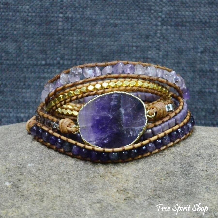 Handmade Natural Amethyst Gemstone Leather Wrap Bracelet