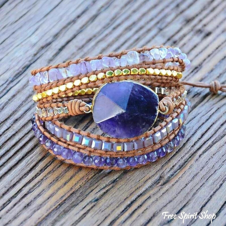 Handmade Natural Amethyst Gemstone Leather Wrap Bracelet