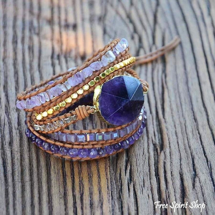 Handmade Natural Amethyst Gemstone Leather Wrap Bracelet