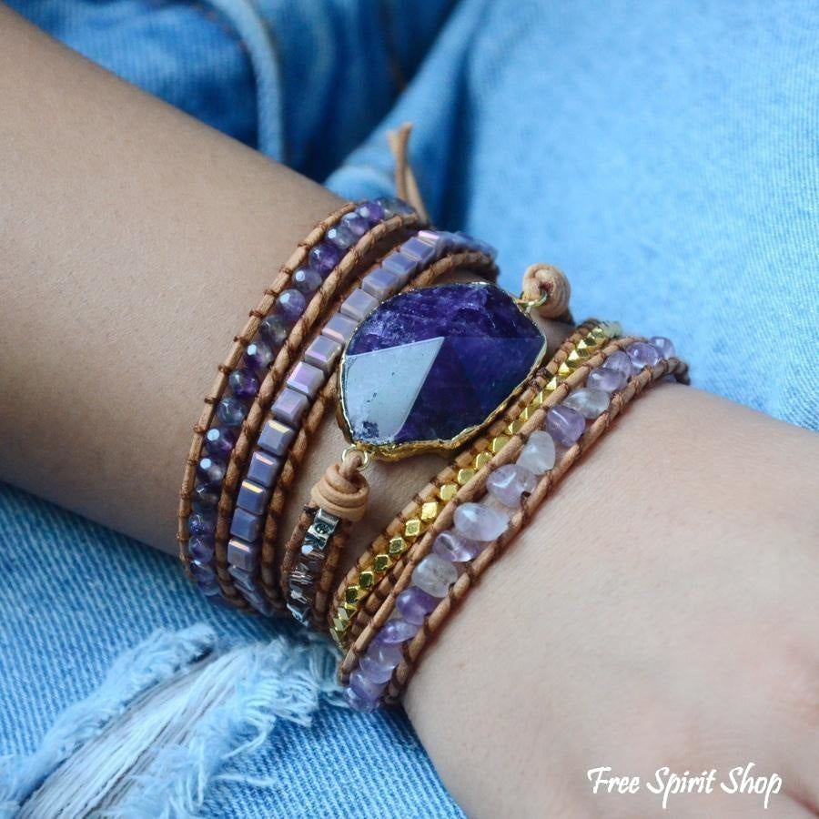 Handmade Natural Amethyst Gemstone Leather Wrap Bracelet