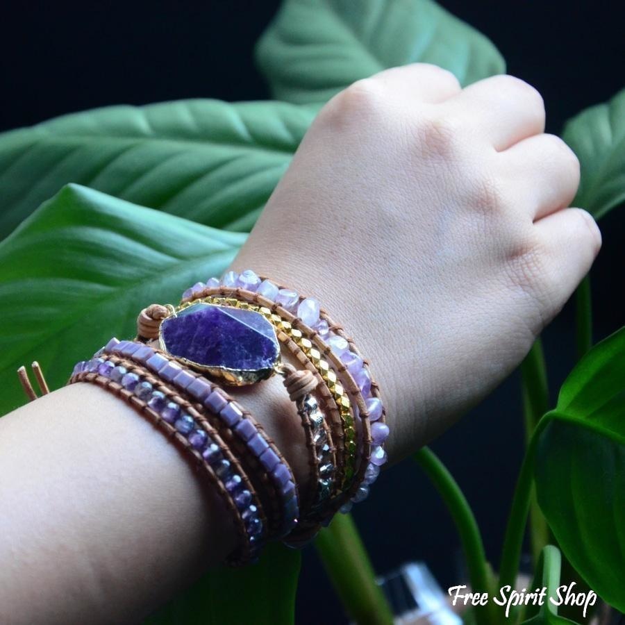 Handmade Natural Amethyst Gemstone Leather Wrap Bracelet