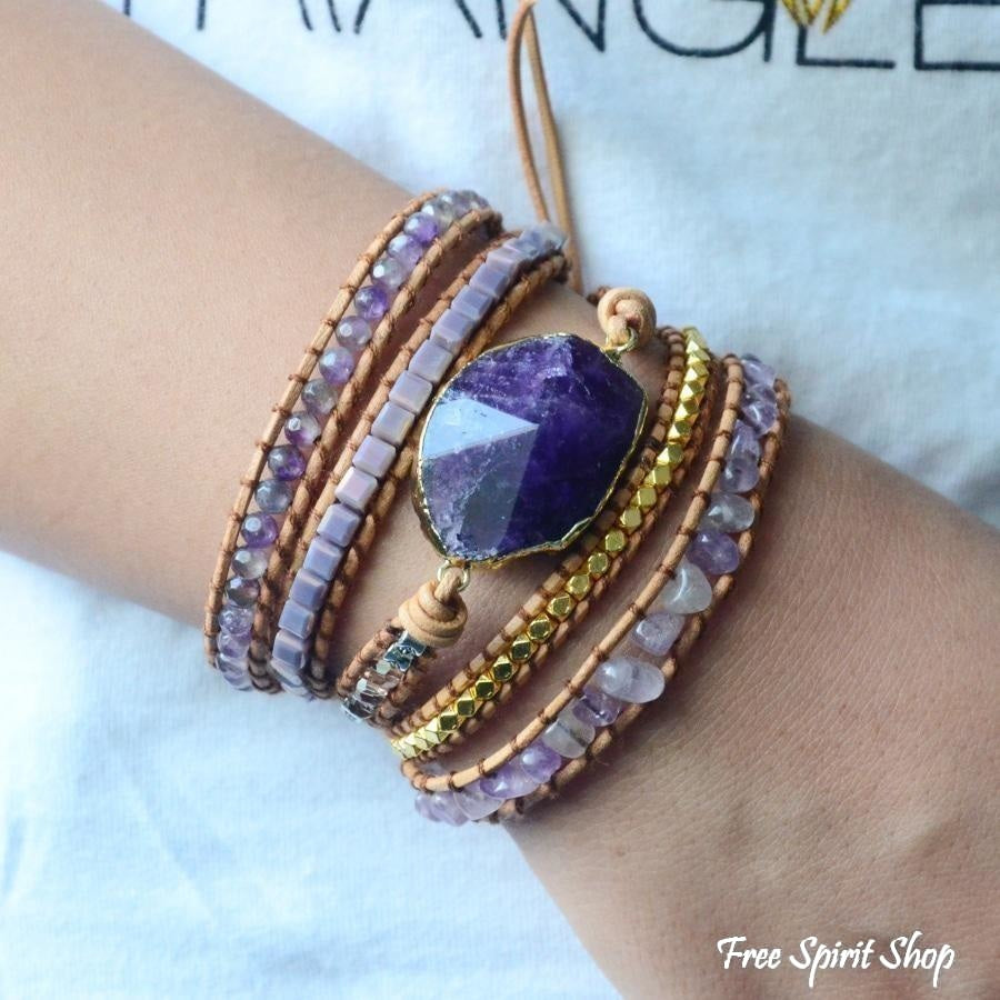Handmade Natural Amethyst Gemstone Leather Wrap Bracelet