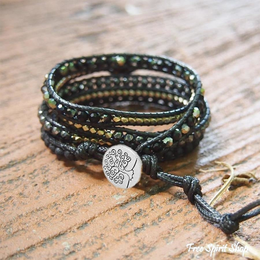 Handmade Natural Black Lava Stone & Hematite Gemstone Wrap Bracelet