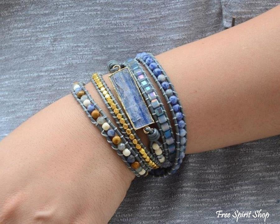 Handmade Natural Blue Topaz Sodalite & Howlite Gemstone Leather Wrap Bracelet
