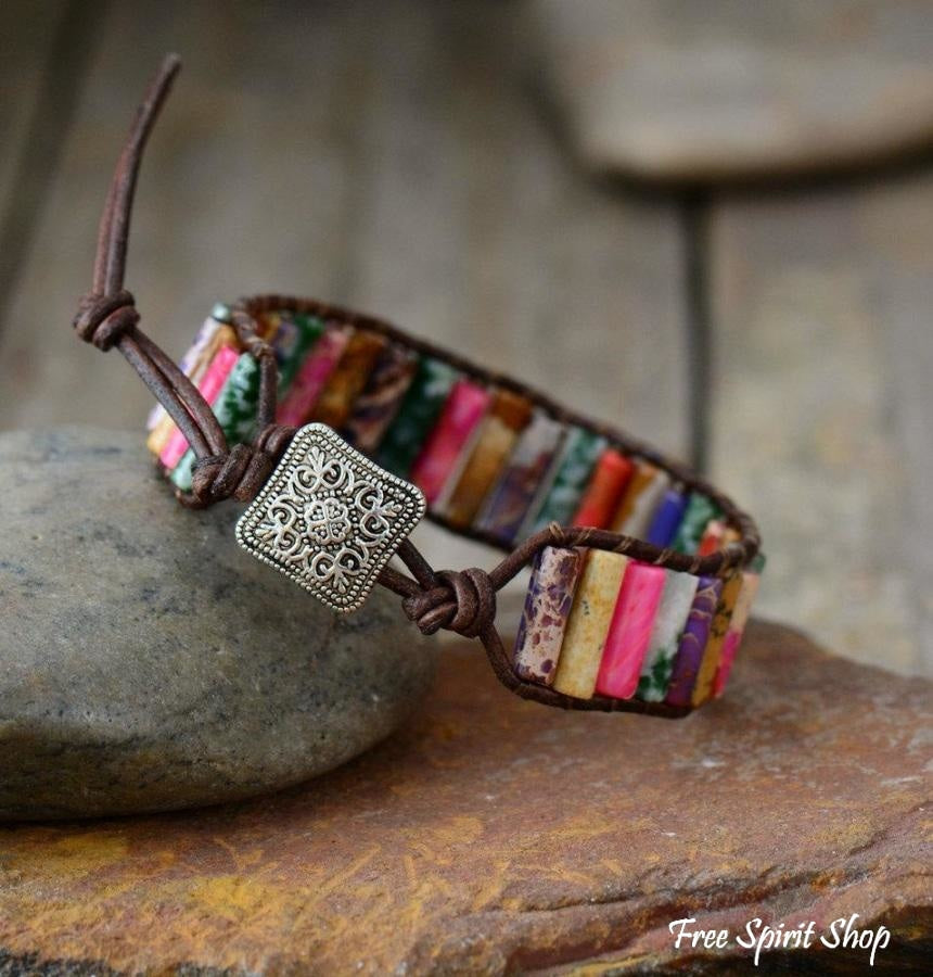 Handmade Natural Jasper & Agate Stone Leather Wrap Bracelet