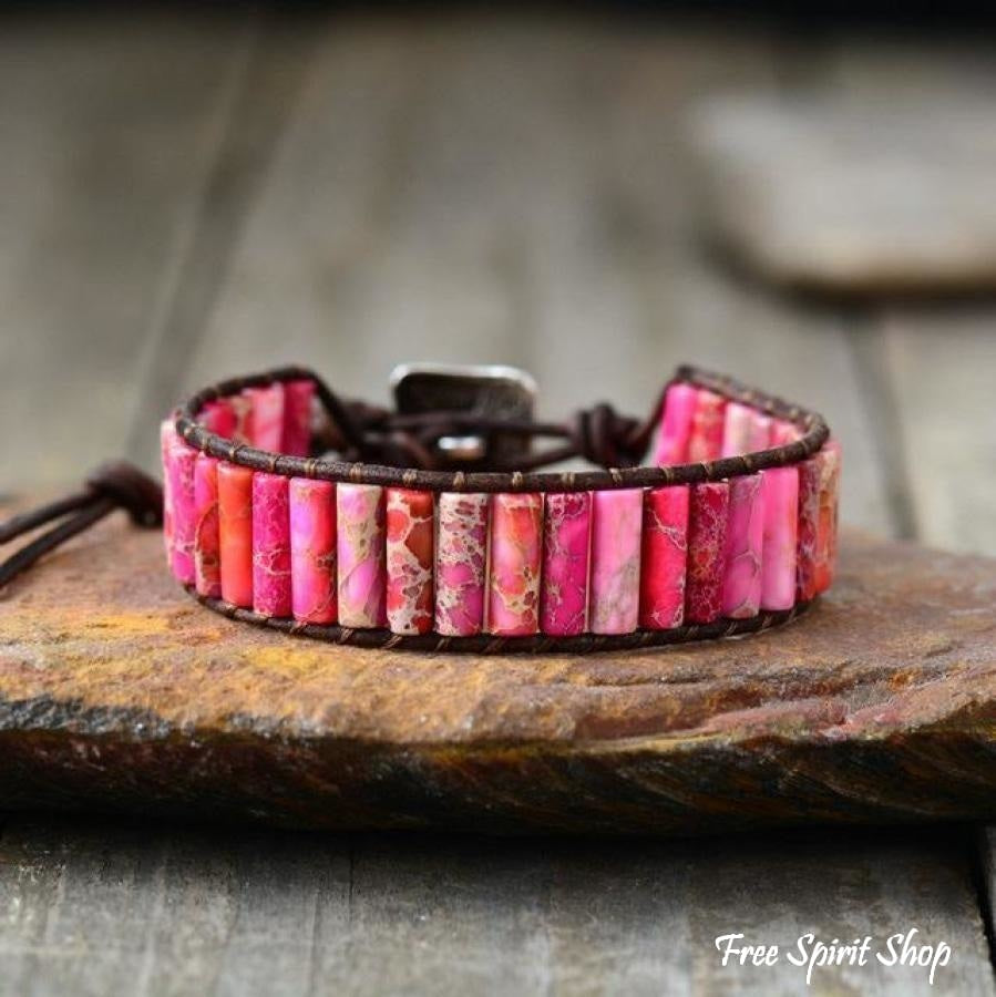 Handmade Natural Jasper & Agate Stone Leather Wrap Bracelet