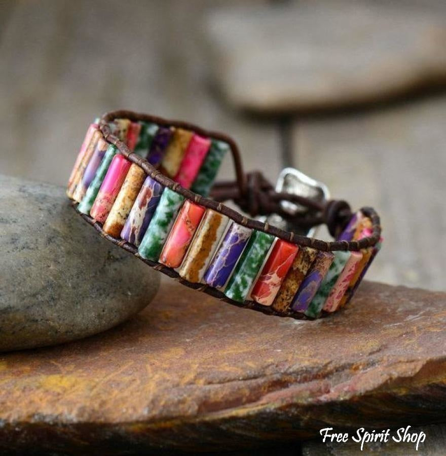 Handmade Natural Jasper & Agate Stone Leather Wrap Bracelet