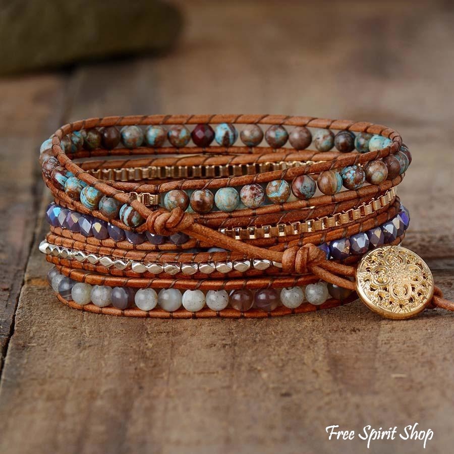 Handmade Natural Labradorite Agate & Jasper Wrap Bracelet