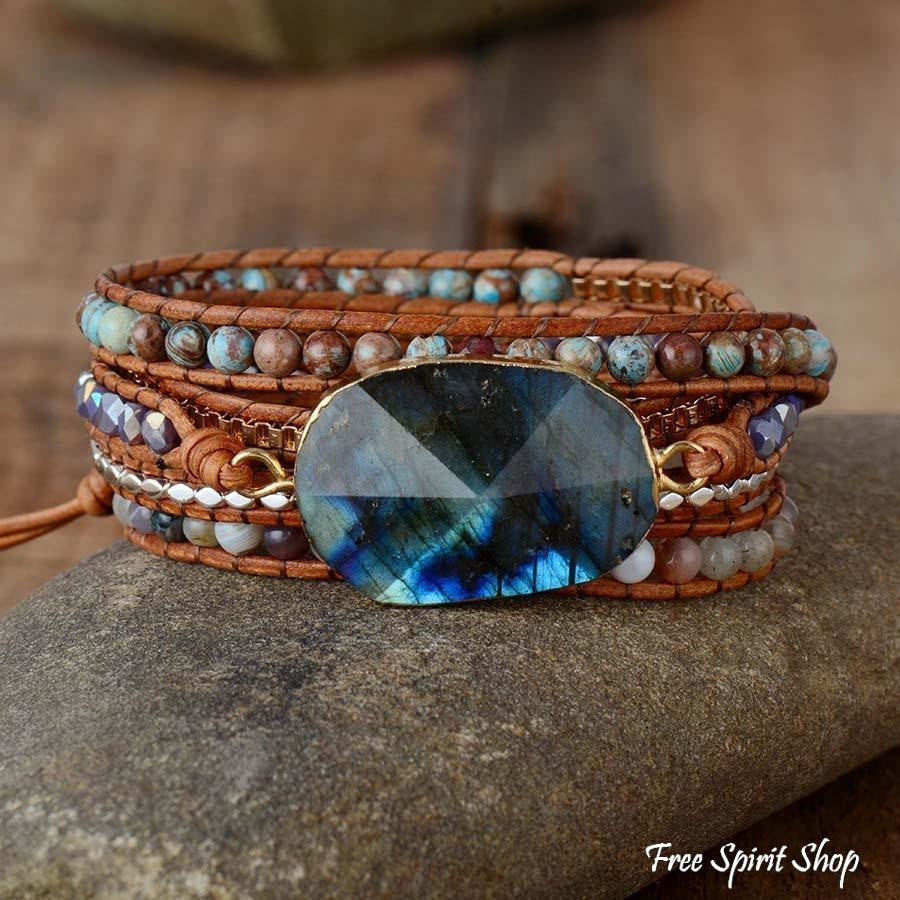 Handmade Natural Labradorite Agate & Jasper Wrap Bracelet