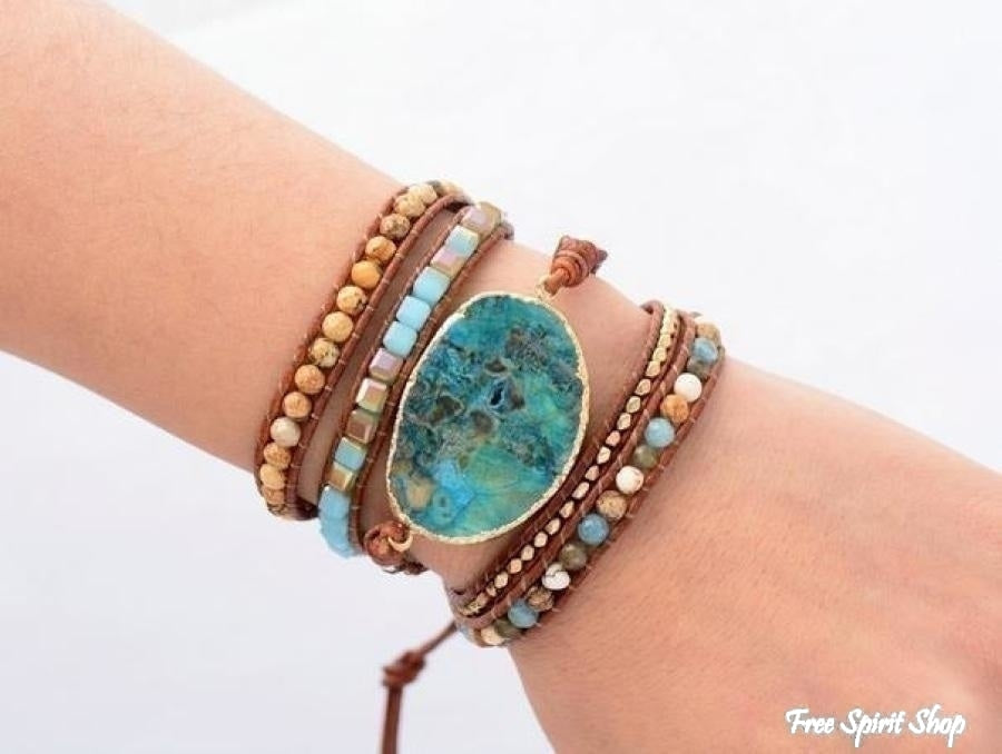 Handmade Natural Ocean Jasper Leather Wrap Bracelet