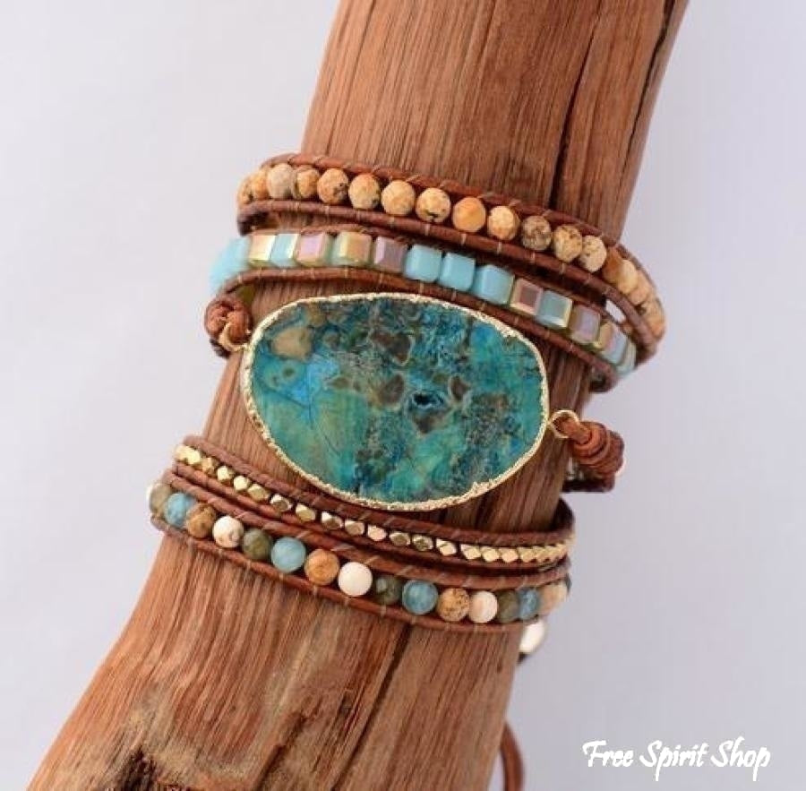 Handmade Natural Ocean Jasper Leather Wrap Bracelet