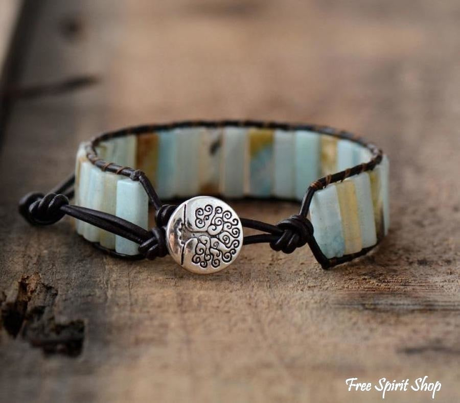 Natural Amazonite Stone & Leather Tree Of Life Bracelet