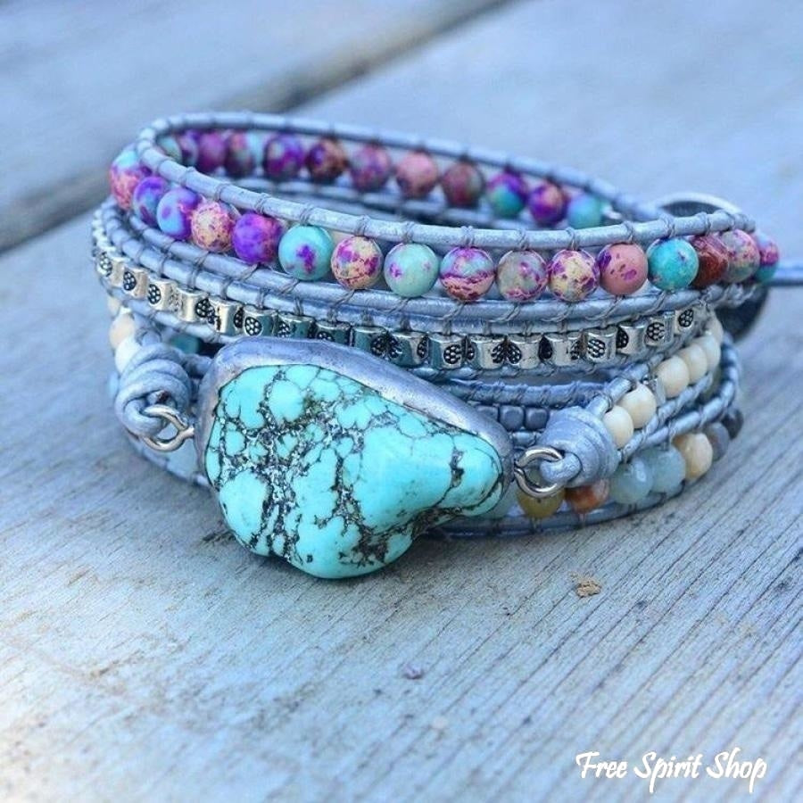 Handmade Turquoise, Jasper & Amazonite Leather Wrap Bracelet