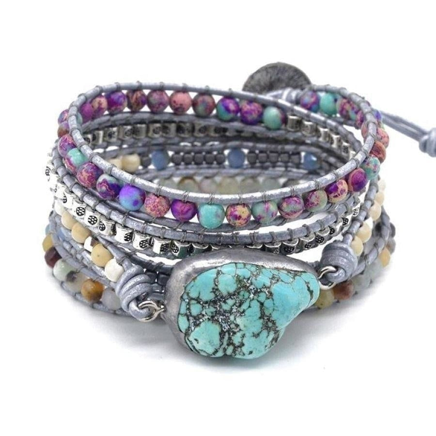 Handmade Turquoise, Jasper & Amazonite Leather Wrap Bracelet
