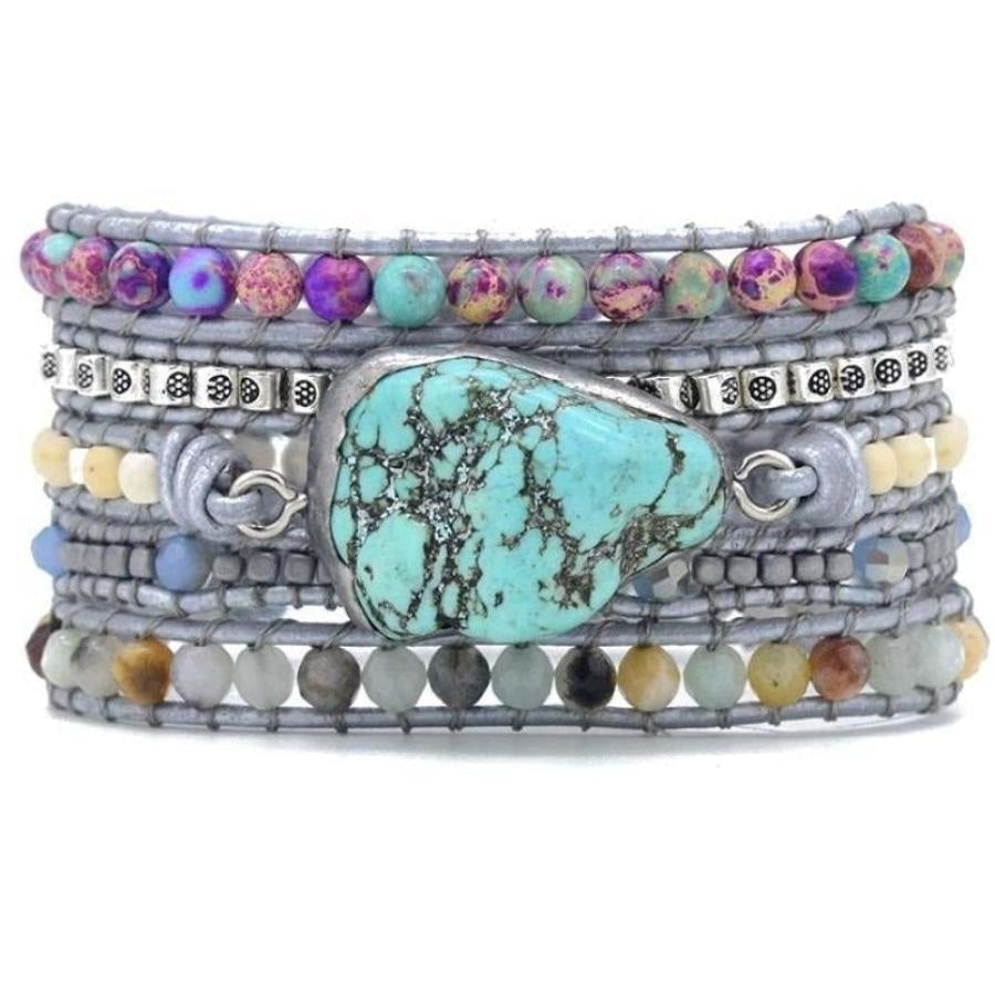 Handmade Turquoise, Jasper & Amazonite Leather Wrap Bracelet