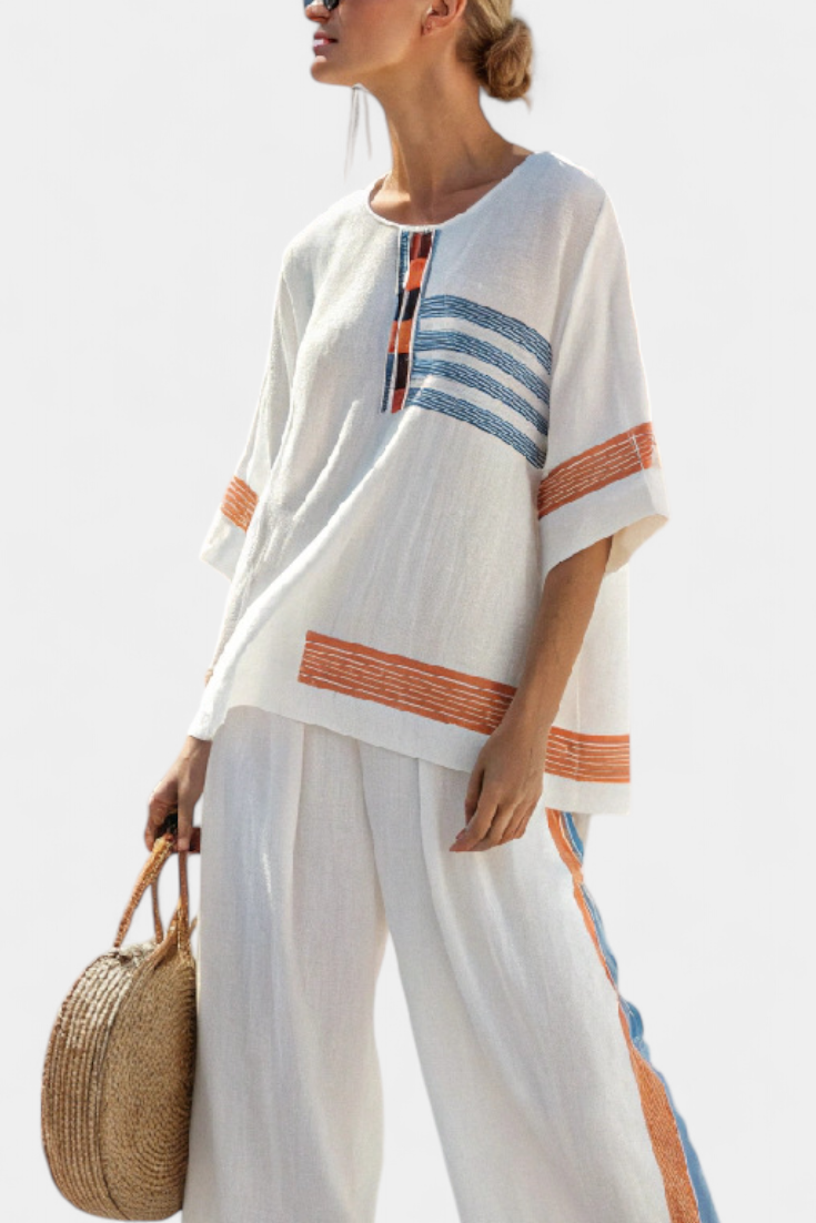 Emilia | Sophisticated Blue-Orange Striped Top & Pants