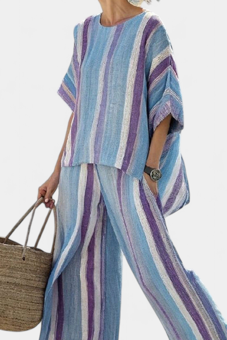 Julietta | Elegant Mauve Pastel Top & Striped Linen Pants