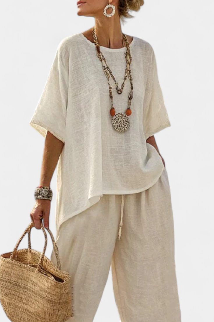 Rebecca | Comfortable Minimalist Raw Blouse & Wide-Leg Pants