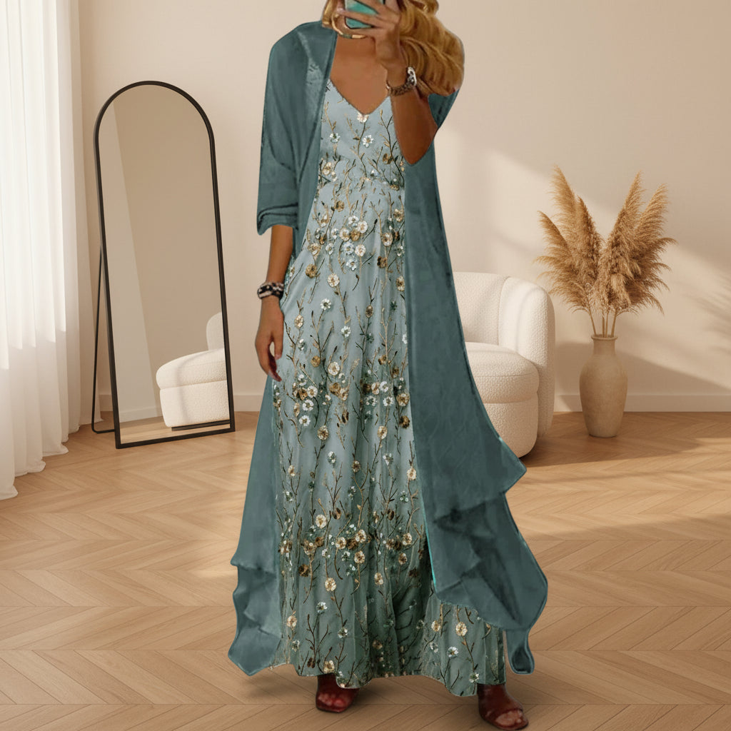 Willow | Women's Floral Maxi Dress with Longline Cardigan Set
