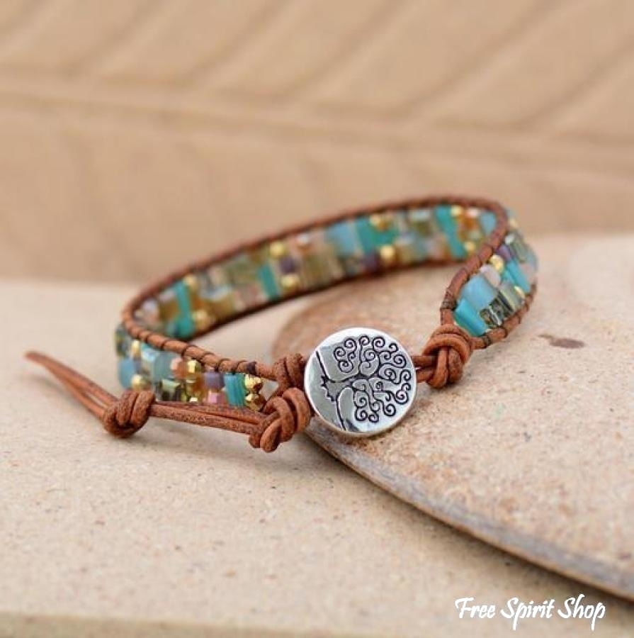Natural Crystal & Leather Tree of Life Wrap Bracelet