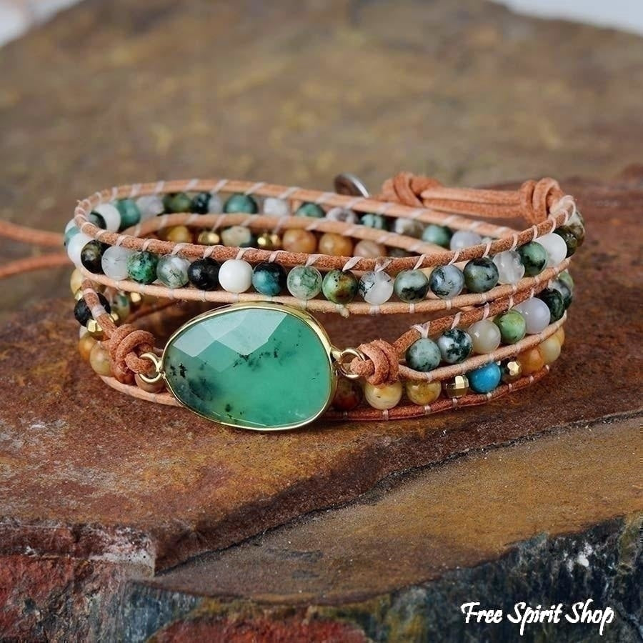Natural Green Jade Jasper and Moss Agate Wrap Bracelet