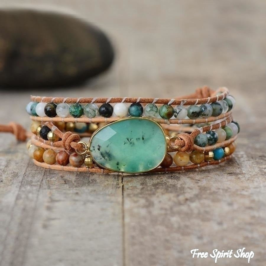Natural Green Jade Jasper and Moss Agate Wrap Bracelet