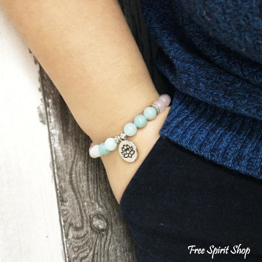 Natural Rose Quartz & Amazonite Gemstone Bead Mala Bracelet