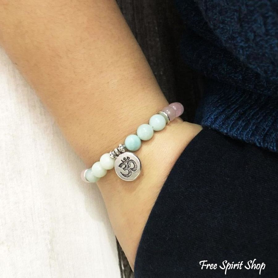 Natural Rose Quartz & Amazonite Gemstone Bead Mala Bracelet