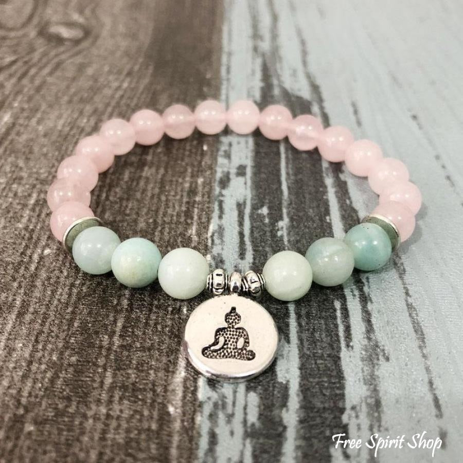Natural Rose Quartz & Amazonite Gemstone Bead Mala Bracelet