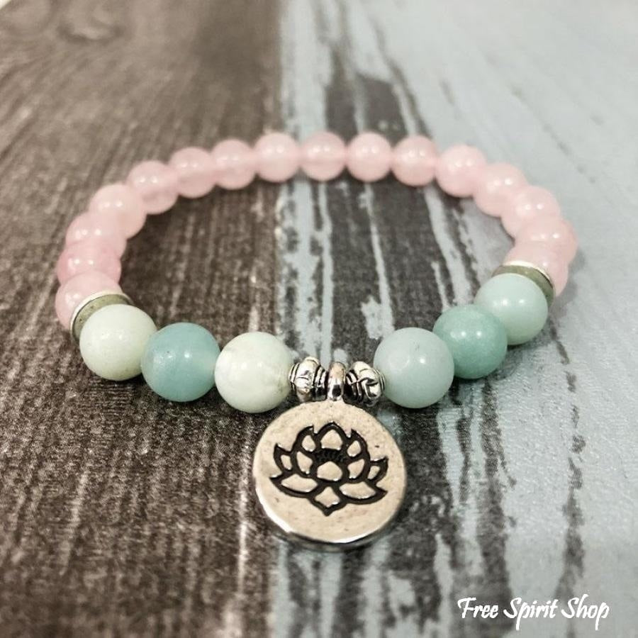 Natural Rose Quartz & Amazonite Gemstone Bead Mala Bracelet