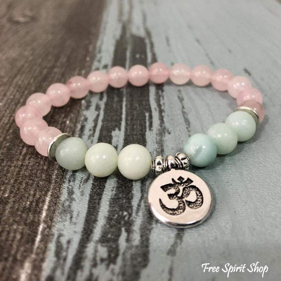 Natural Rose Quartz & Amazonite Gemstone Bead Mala Bracelet